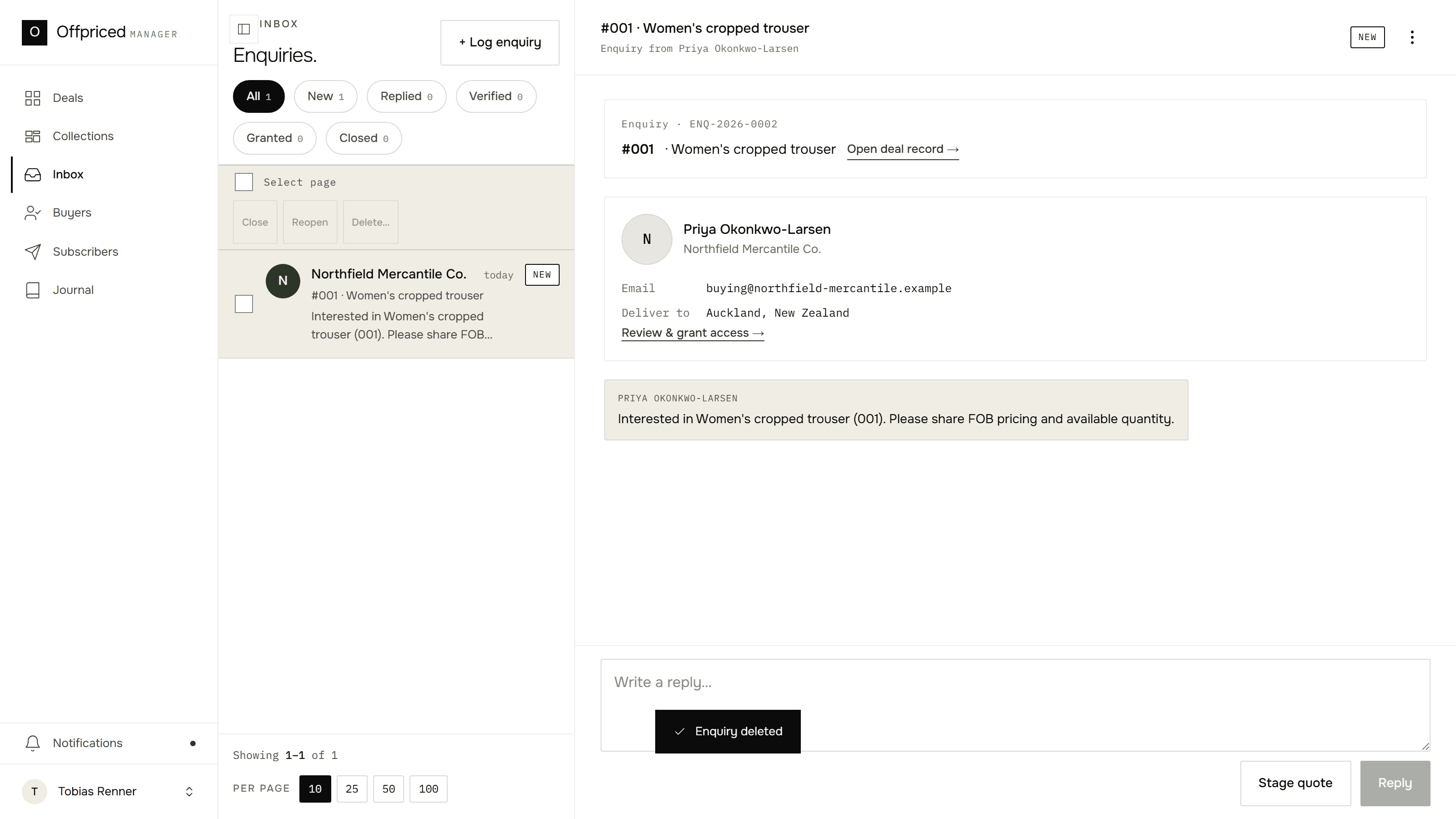 Internal operations inbox where staff answer buyer enquiries from a phone