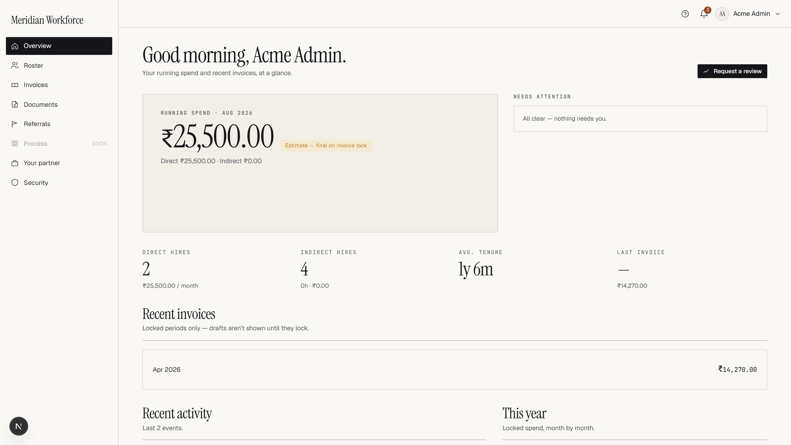 Client portal where a hiring company reviews its workforce, signs off work and sees its invoices
