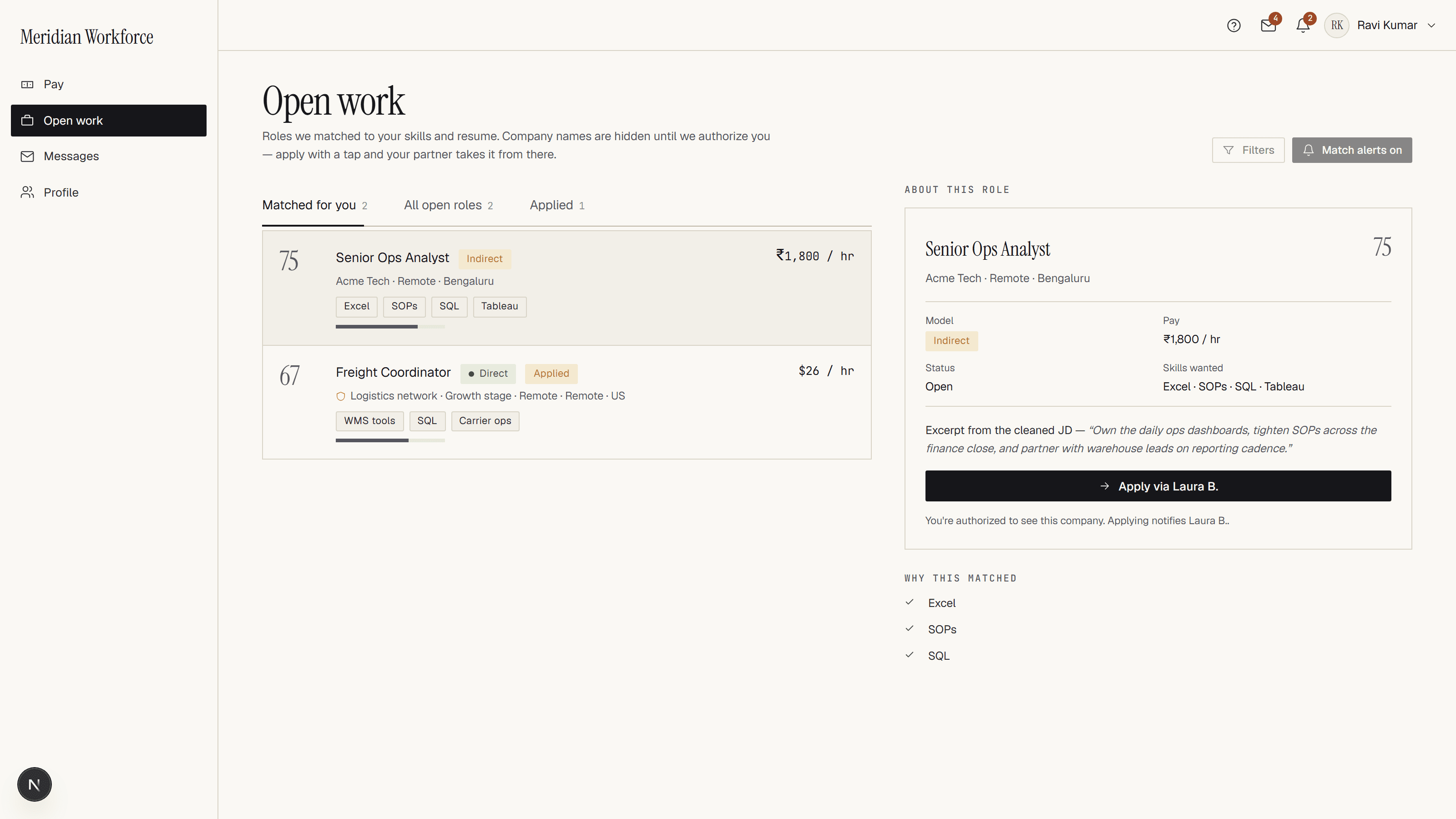 Worker portal showing pay history, documents and open roles to apply for
